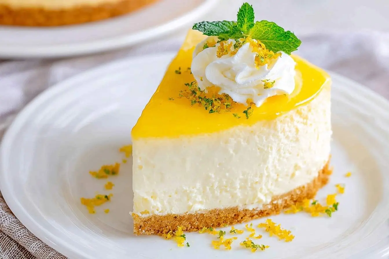 A slice of creamy lemon cheesecake mousse with a vibrant yellow topping, whipped cream, mint, and citrus zest on a white plate.