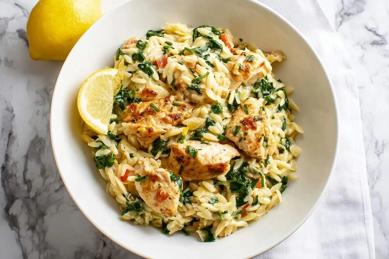 A white bowl filled with creamy Lemon Chicken and Veggie Orzo, garnished with fresh spinach and a lemon wedge.