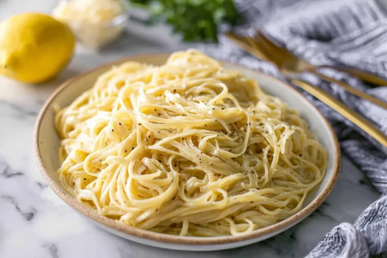 A close-up of a bowl filled with creamy lemon spaghetti, garnished with cracked black pepper, alongside a fresh lemon and grated cheese.