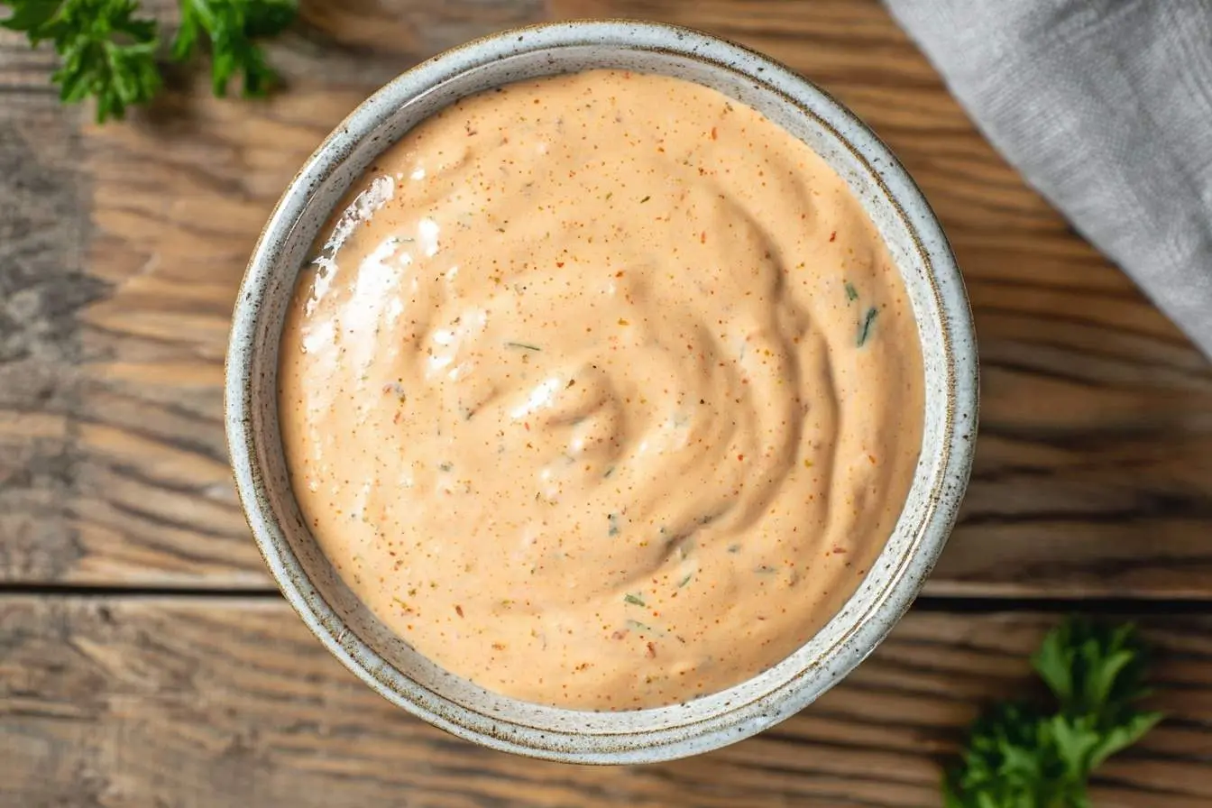 A rustic bowl filled with creamy, spiced Louisiana Remoulade Sauce on a wooden table with fresh herbs.