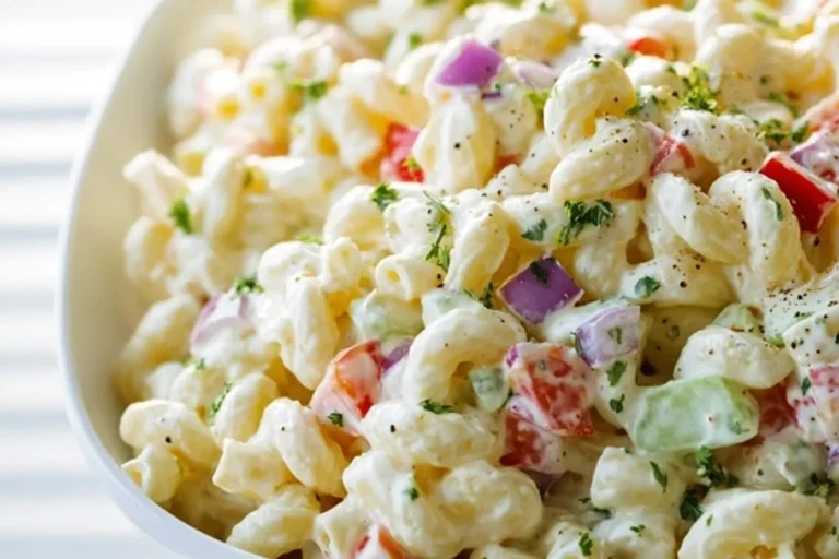 Creamy macaroni salad with elbow pasta, diced red onion, bell pepper, and celery, garnished with parsley and black pepper.