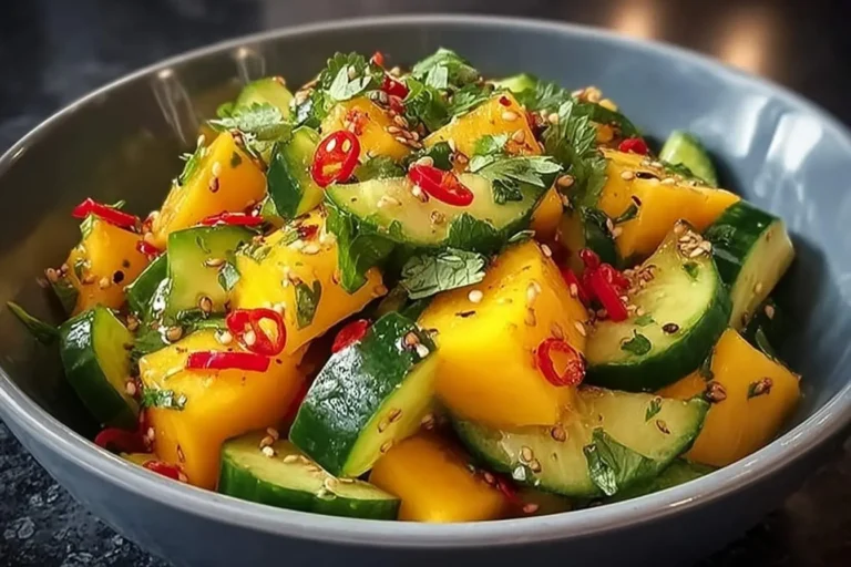 A close-up of a refreshing mango cucumber salad with red chili, cilantro, and sesame seeds in a grey bowl.
