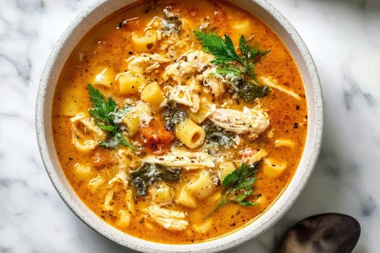 A close-up of a rustic bowl of marry me chicken soup with shredded chicken, pasta, potatoes, greens, and a parsley garnish on a marble counter.