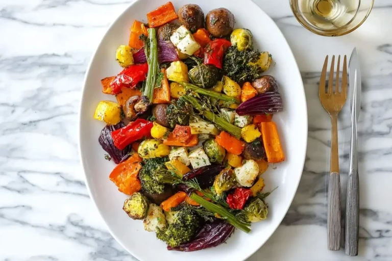A vibrant Marry Me Roasted Vegetable Medley, brimming with colorful root vegetables, broccoli, and peppers, arranged on a white oval platter.