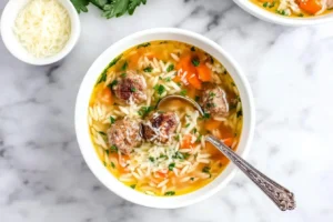 A top-down view of a white bowl of meatball orzo soup, garnished with parsley and a side bowl of grated cheese.
