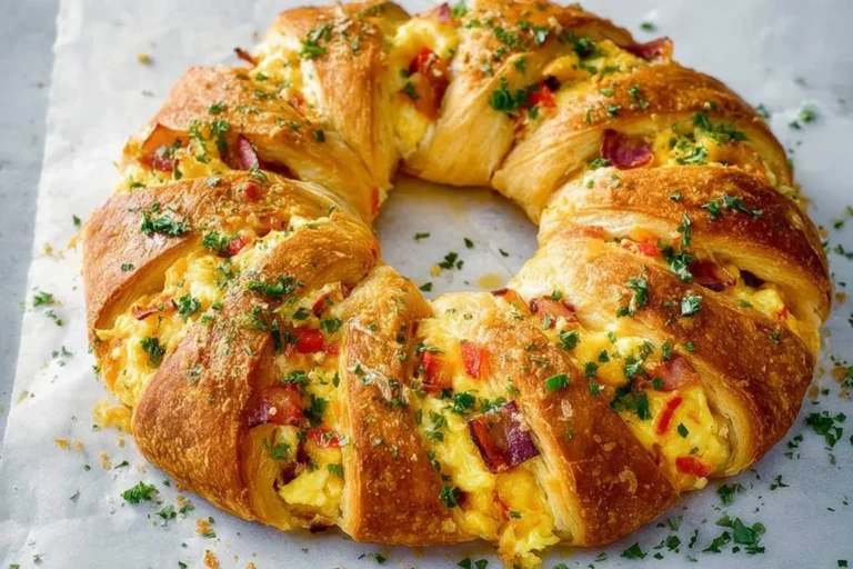 A golden-brown braided Mediterranean Crescent Ring filled with scrambled eggs, bacon, and red bell pepper, garnished with fresh parsley.