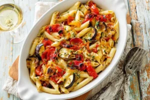 An inviting Mediterranean Vegetable Pasta Bake with roasted tomatoes, zucchini, and eggplant in a white serving dish.