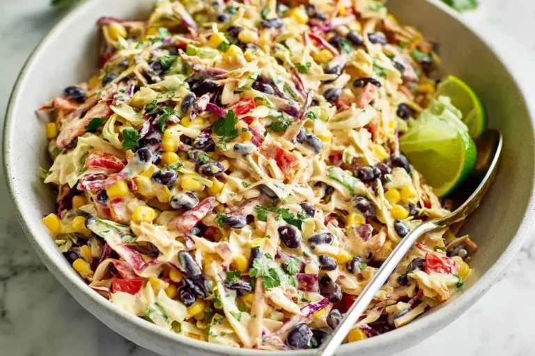 A large bowl of creamy coleslaw from a Mexican Coleslaw Recipe, filled with black beans, corn, cilantro, and lime wedges.