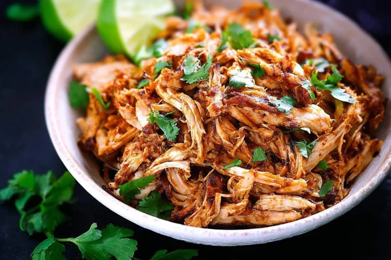 A close-up of a rustic white bowl filled with flavorful Mexican Pulled Chicken, garnished with fresh cilantro and lime wedges.