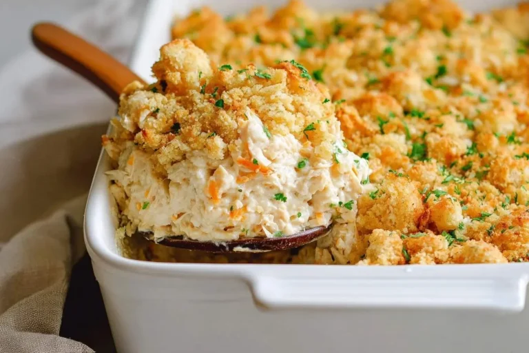 A serving spoon lifts a creamy portion of golden-crusted million dollar chicken casserole from a white baking dish.