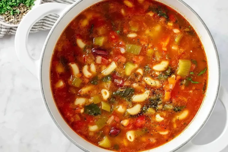A close-up, top-down view of a white pot filled with vibrant Minestrone Soup, featuring pasta, beans, and fresh vegetables.