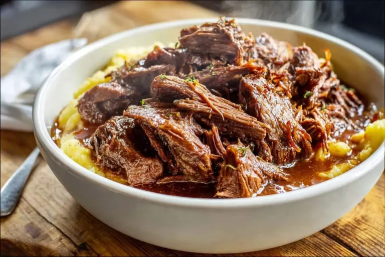 A white bowl of tender, shredded Mississippi Pot Roast with rich gravy served over creamy mashed potatoes.