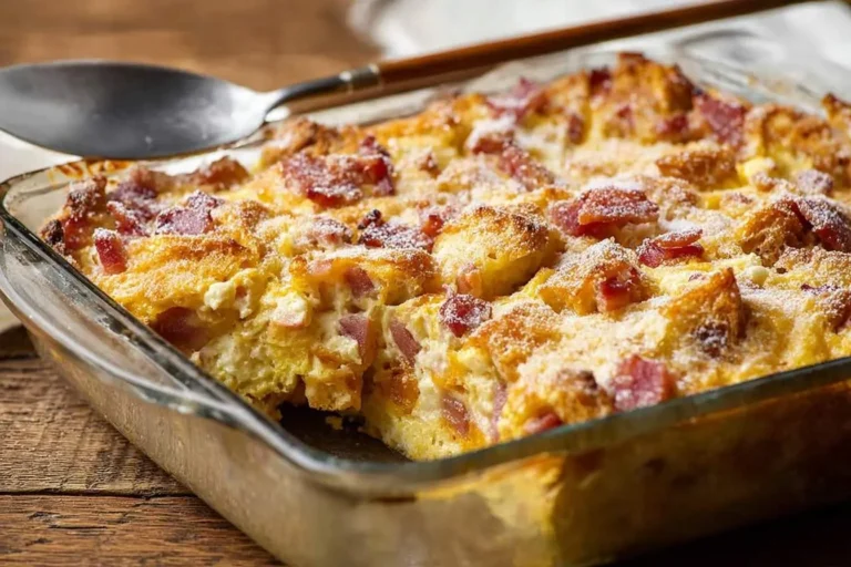 A warm, golden Monte Cristo Breakfast Casserole baked in a clear glass dish, featuring savory ham, bread, and a dusting of powdered sugar.