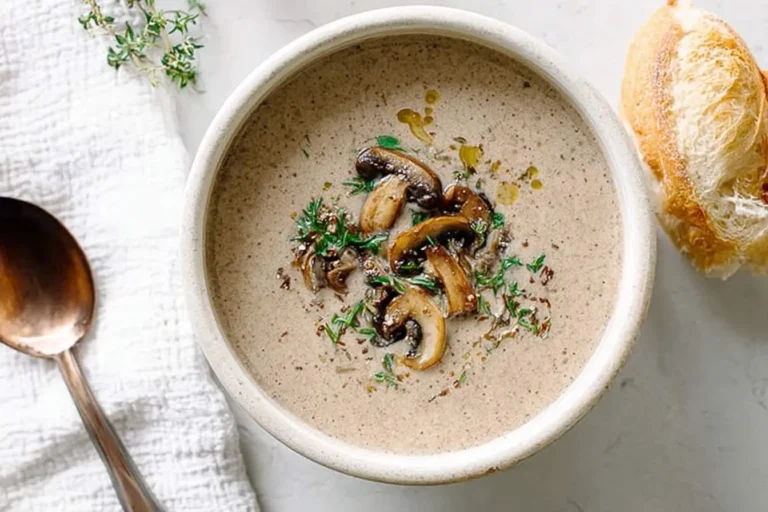 An overhead shot of a rustic bowl of creamy mushroom soup, garnished with sautéed mushrooms and fresh thyme.