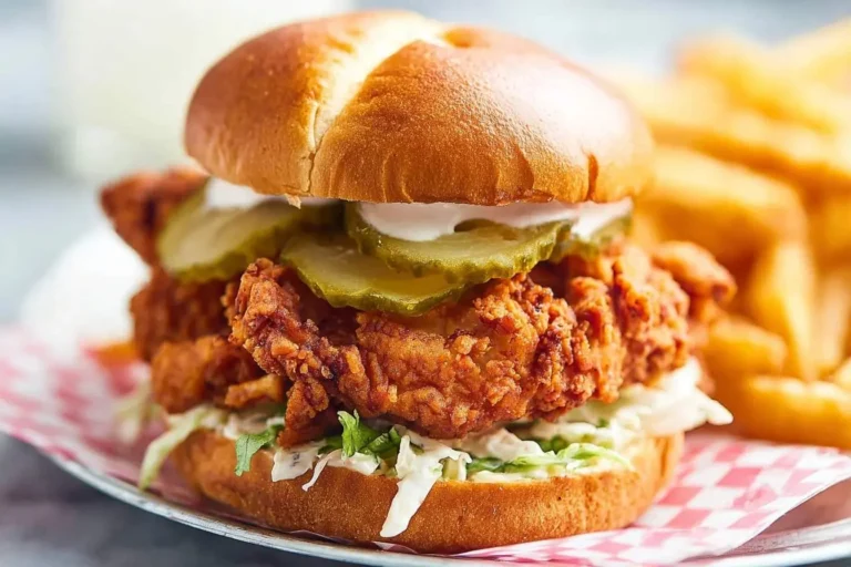 A delicious Nashville Chicken Sandwich on a brioche bun with crispy fried chicken, pickles, creamy sauce, and coleslaw, served with fries.