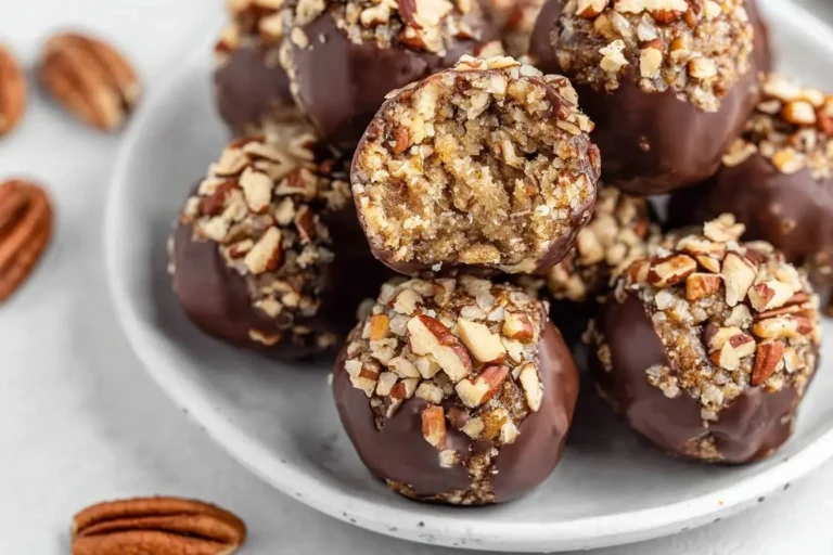 A close-up of delicious No Bake Pecan Pie Balls on a white plate, coated in chocolate and chopped pecans, with one broken to show the crumbly interior.