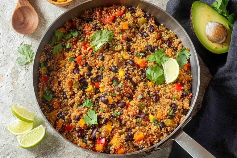 A pan of vibrant One Pan Mexican Quinoa with black beans, corn, bell peppers, cilantro, and lime, served with avocado.