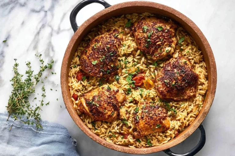 Overhead shot of a rustic pot filled with flavorful one pot Greek chicken and orzo, garnished with fresh herbs on a marble background.