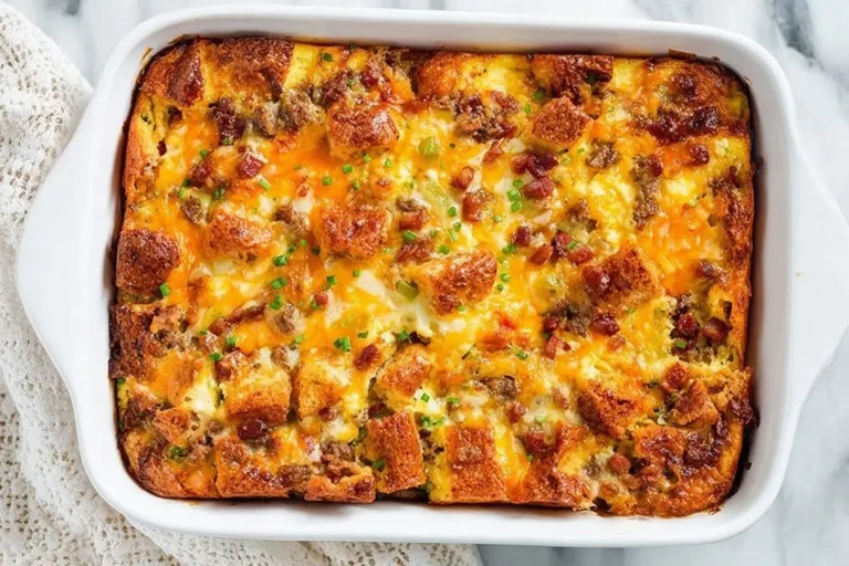A golden brown Overnight Breakfast Casserole in a white baking dish, topped with bread cubes, melted cheddar cheese, sausage, bacon bits, and fresh green chives.