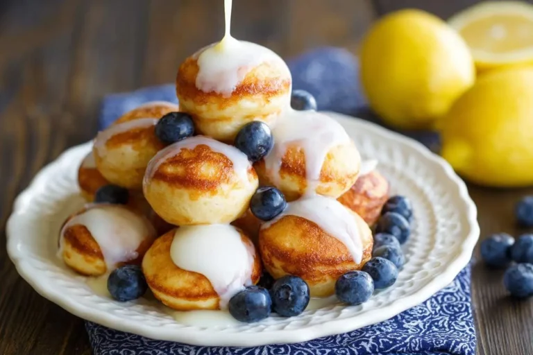 A stack of fluffy pancake poppers on a white plate, drizzled with lemon glaze and garnished with fresh blueberries.