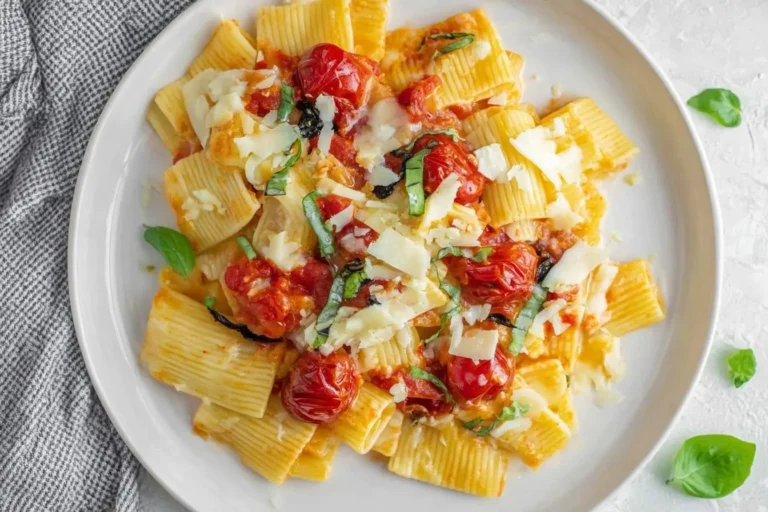 A vibrant plate of Pasta alla Sorrentina, featuring large tube pasta tossed in a rich tomato sauce with fresh basil and cherry tomatoes, topped with grated cheese.