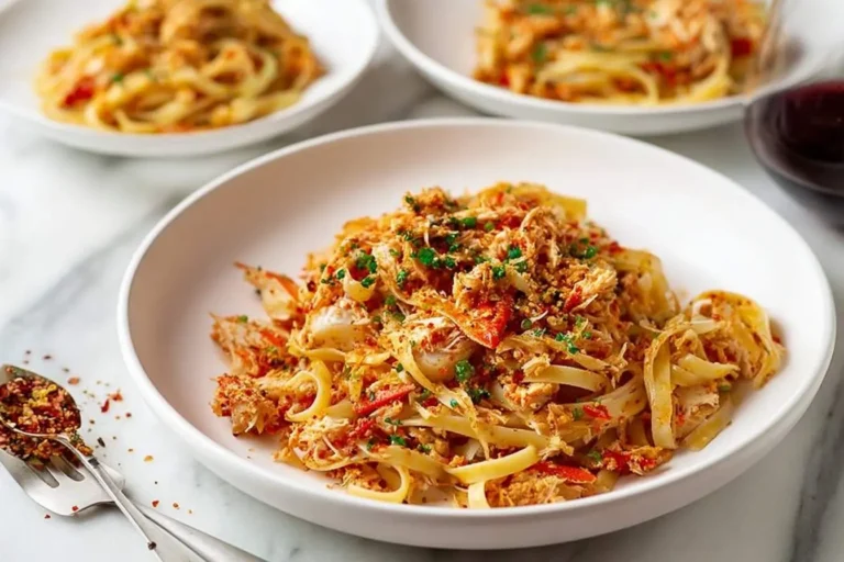 Close-up of a large white bowl filled with tantalizing Pasta with Spicy Crab, garnished with herbs, with two other bowls in the blurred background.