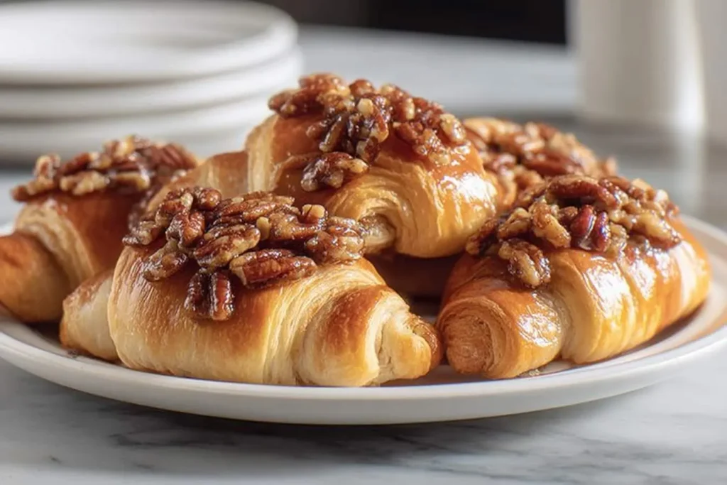 A plate of golden-baked Pecan Pie Crescent Rolls, each generously topped with glistening candied pecans and a sweet glaze.