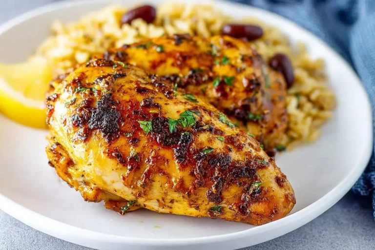A plate of golden-brown Persian chicken breasts, garnished with herbs and served with rice and a lemon wedge.