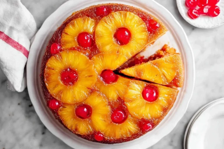 A delicious pineapple upside down cake on a white serving plate, topped with caramelized pineapple rings and cherries, with one slice cut.