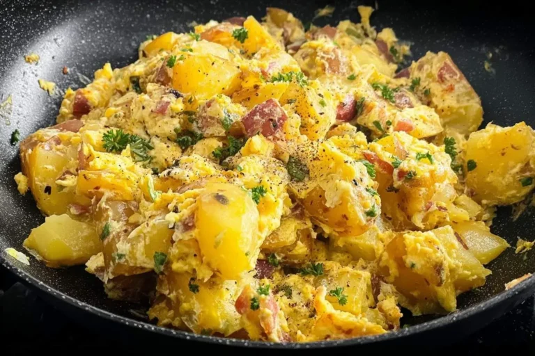 A close-up shot of a delicious Potato Egg Scramble with fresh parsley and black pepper cooking in a black skillet.