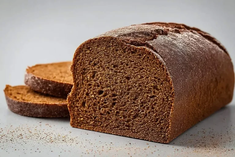 A rustic loaf of dark pumpernickel bread, partially sliced, on a light grey surface with crumbs scattered around.