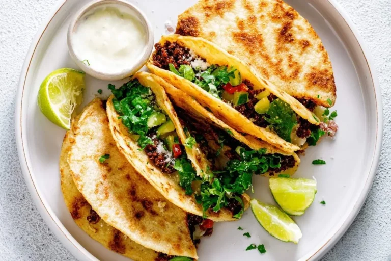 A plate of delicious Raw Vegan Tacos with seasoned plant-based filling, fresh greens, and lime wedges, served with a creamy dip.