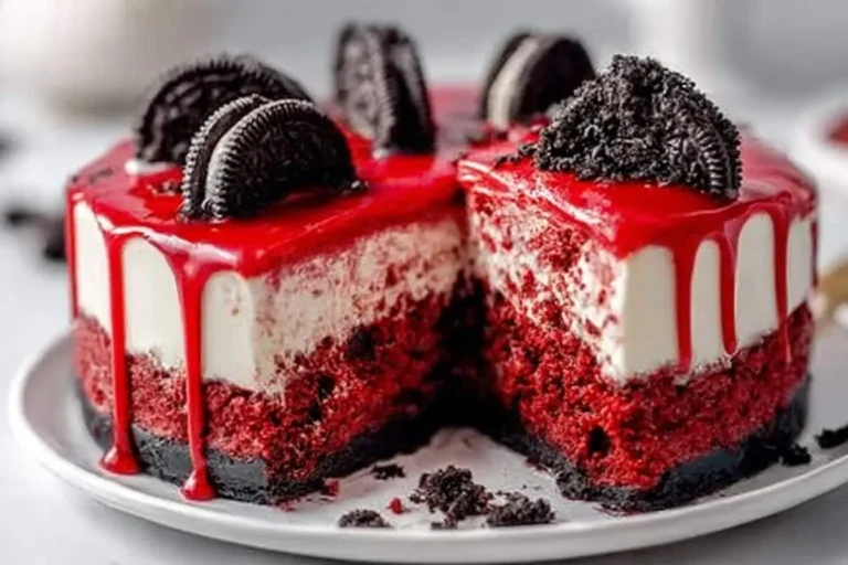 A vibrant Red Velvet Cheesecake with Oreo Crust, glossy red glaze, and whole Oreo cookies on top, with a slice removed revealing its rich layers.