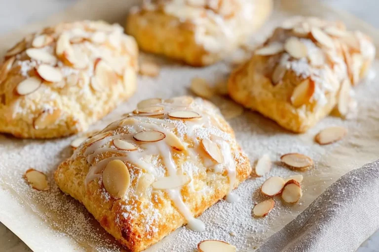 A close-up of freshly baked Ricotta Almond Pillows, topped with a sweet glaze, powdered sugar, and sliced almonds on parchment paper.