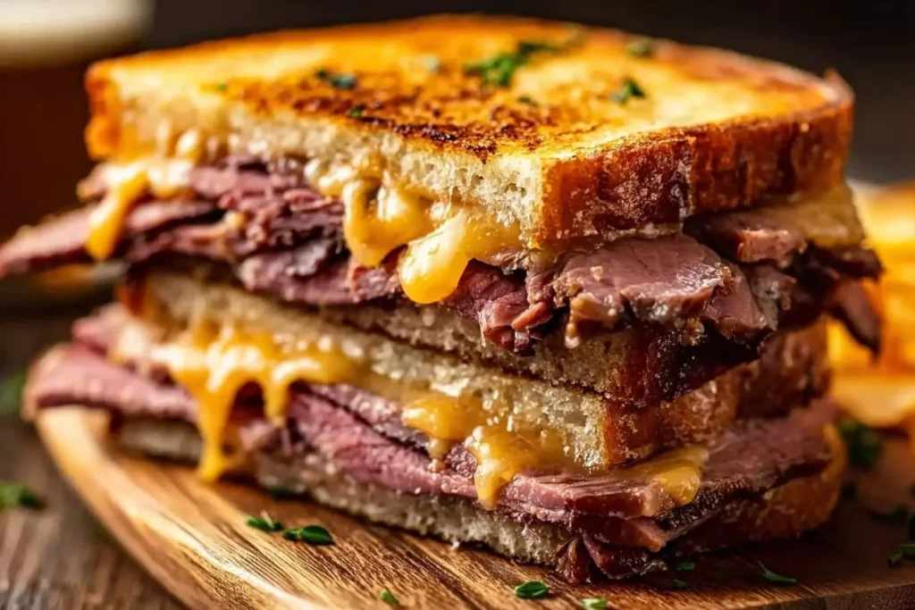 A close-up of a stacked Roast Beef And Cheddar Melt Sandwich with melted cheese dripping, served on a wooden board.