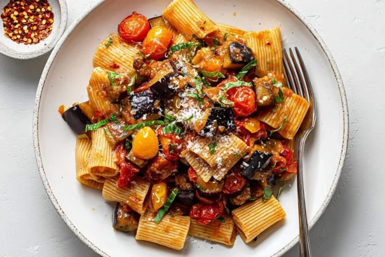A bowl of delicious Roasted Eggplant Pasta, with rigatoni, blistered cherry tomatoes, fresh basil, and grated Parmesan.