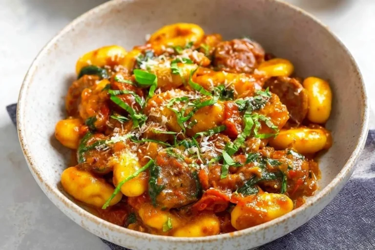 A rustic bowl filled with a hearty Sausage And Gnocchi Skillet, garnished with parmesan cheese and fresh basil.
