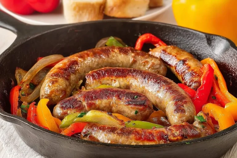 A close-up of sizzling Sausage and Peppers with onions in a black cast iron skillet, ready to be served.
