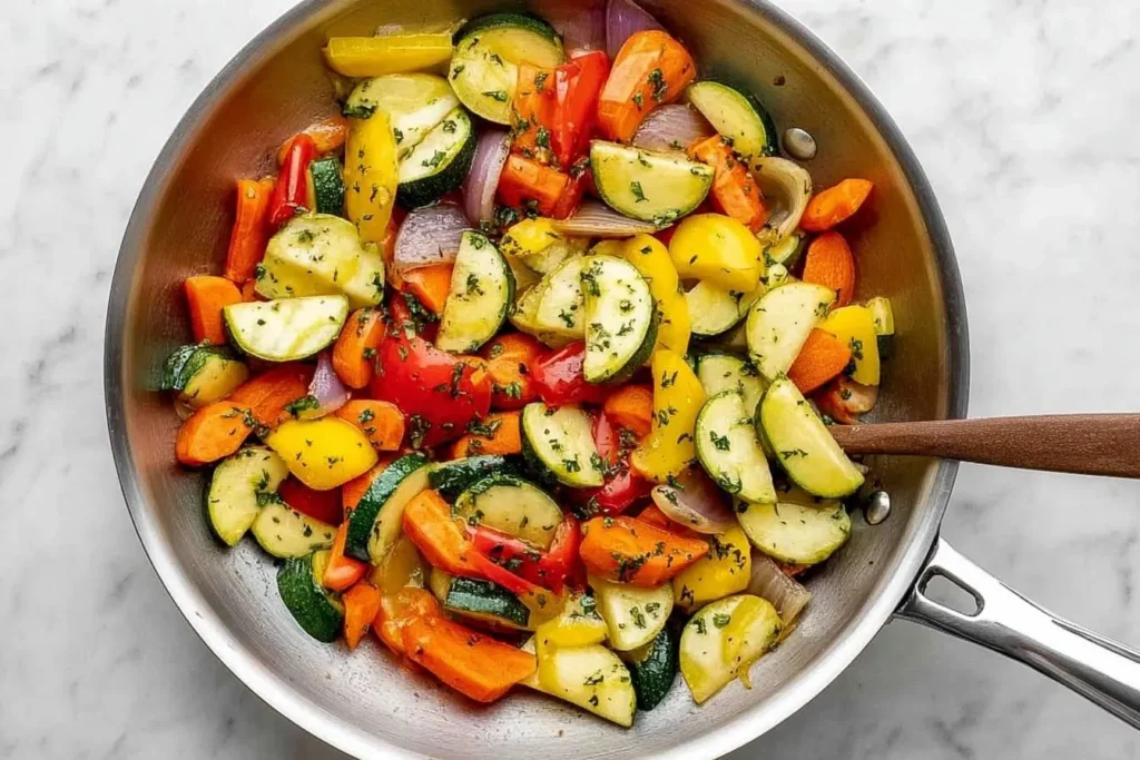 Colorful sautéed vegetables, including zucchini, carrots, bell peppers, and onions, in a stainless steel pan, garnished with herbs.