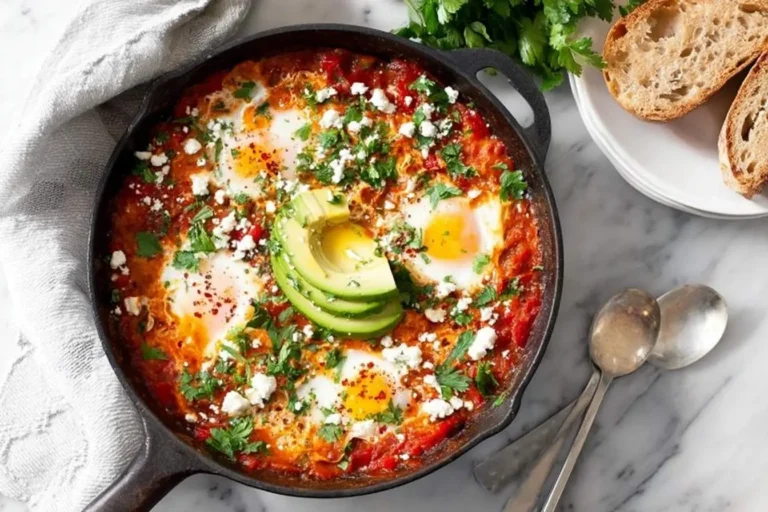 A cast iron skillet of shakshuka with poached eggs, topped with feta cheese, fresh herbs, and sliced avocado.
