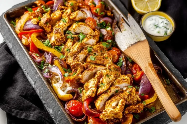 A vibrant Sheet Pan Chicken Shawarma with seasoned chicken, roasted bell peppers, red onions, and tomatoes, served with lemon and a yogurt sauce.