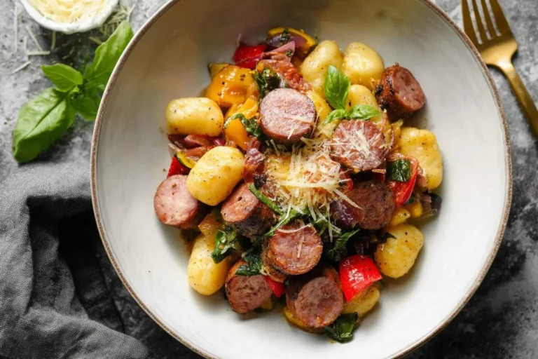 A close-up view of a bowl of Sheet Pan Gnocchi with Kielbasa and Vegetables, topped with parmesan cheese and fresh basil.