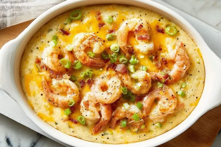 A close-up shot of a delicious Shrimp and Grits Casserole in a white serving dish, garnished with juicy shrimp, green onions, and bacon.