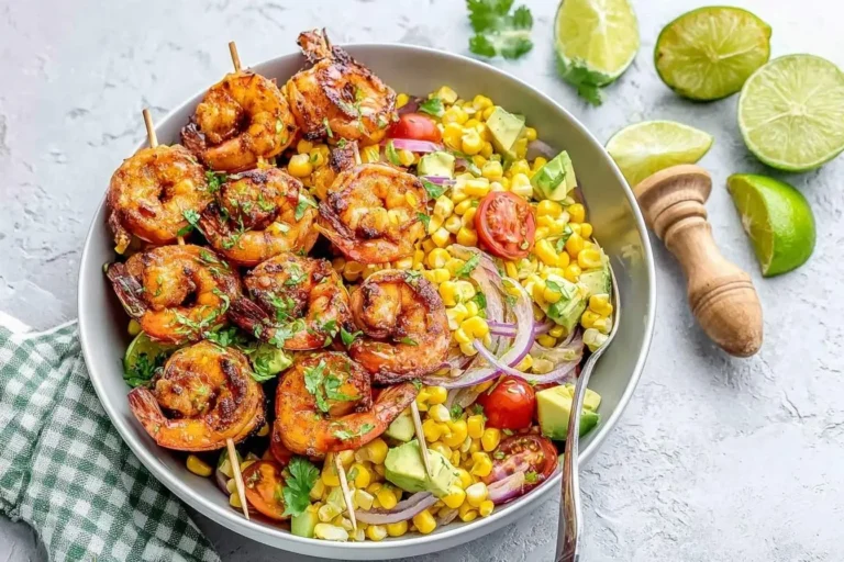 A vibrant shrimp avocado salad bowl with grilled shrimp skewers, corn, avocado, tomatoes, red onion, and fresh lime slices on the side.