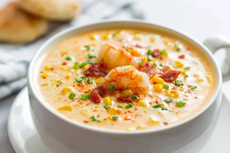 A white bowl of creamy shrimp corn bisque topped with plump shrimp, crispy bacon, sweet corn kernels, and fresh chives.
