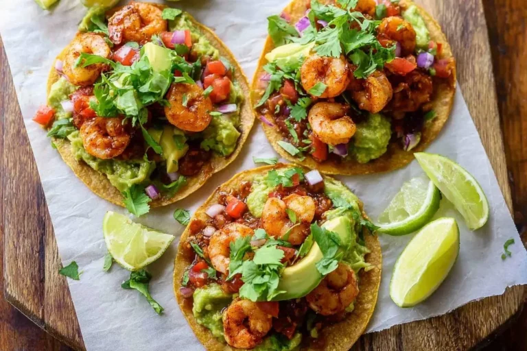 Three fresh Shrimp Tostadas on a wooden board, topped with guacamole, avocado, salsa, and cilantro, with lime wedges on the side.