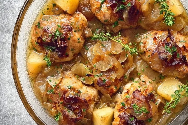 Close-up of savory Slow Cooker Apple Chicken with caramelized onions, tender potatoes, and fresh thyme sprigs in a golden broth.