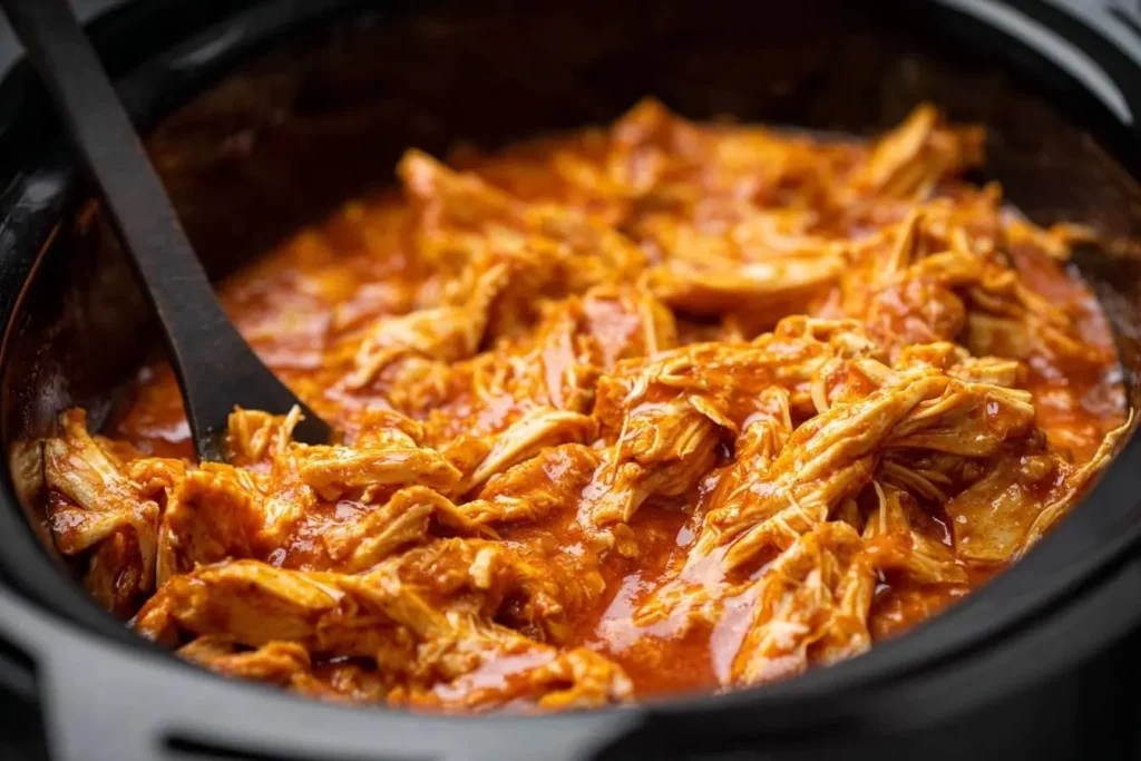 A close-up of juicy, shredded Slow Cooker Buffalo Chicken in a black crock pot with a dark spoon.