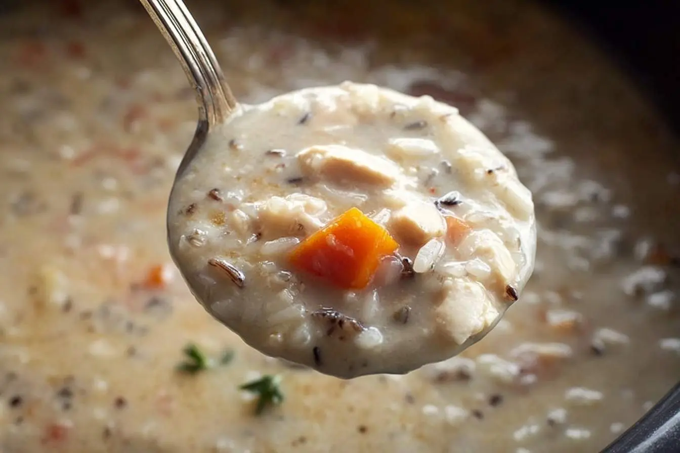 A spoonful of creamy Slow Cooker Chicken and Wild Rice Soup, featuring tender chicken, dark wild rice, and a bright orange carrot piece.
