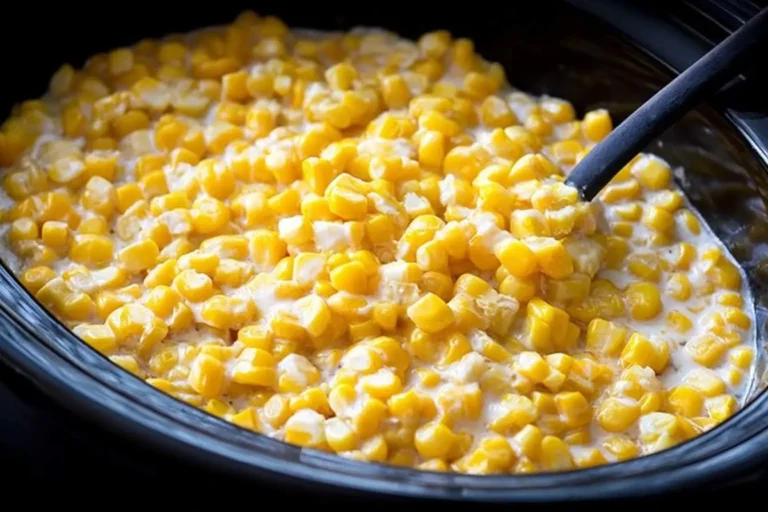 A close-up view of creamy slow cooker creamed corn in a black crock pot with a black serving spoon resting in the dish.